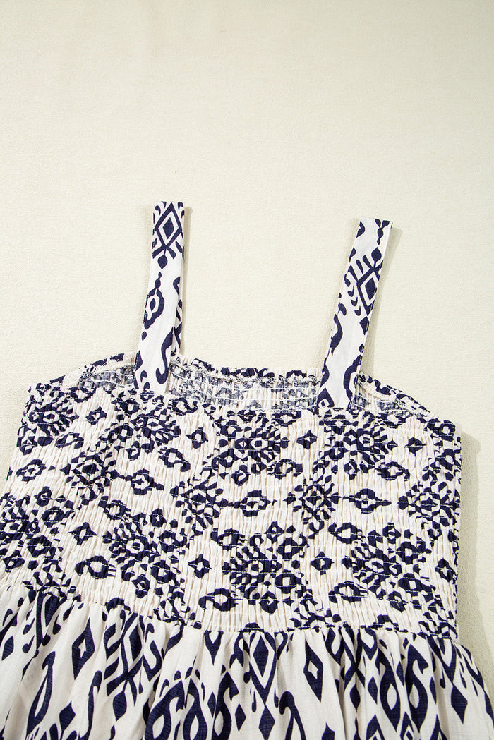 Blue Boho Geometric Print Shirred High Waist Wide Leg Jumpsuit - Bottoms/Jumpsuits & Rompers