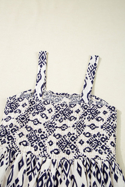 Blue Boho Geometric Print Shirred High Waist Wide Leg Jumpsuit - Bottoms/Jumpsuits & Rompers