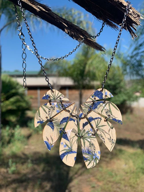 Blue botanical leaf pendant necklace, laser-cut and made in USA
