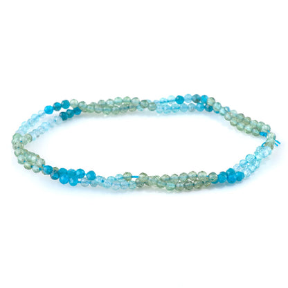This is a Dakota Stones 3mm Blue Green Apatite Banded Gemstone strand with faceted round beads in 15-16 inch strand.