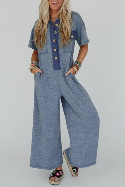 Beau Blue Half Placket Chest Pockets Short Sleeve Wide Leg Jumpsuit - S / 65% Cotton + 33% Polyester + 2% Elastane