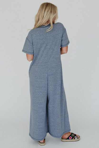 Beau Blue Half Placket Chest Pockets Short Sleeve Wide Leg Jumpsuit - Bottoms/Jumpsuits & Rompers