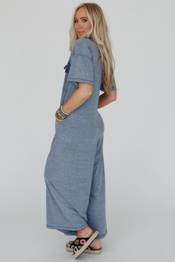 Beau Blue Half Placket Chest Pockets Short Sleeve Wide Leg Jumpsuit - Bottoms/Jumpsuits & Rompers