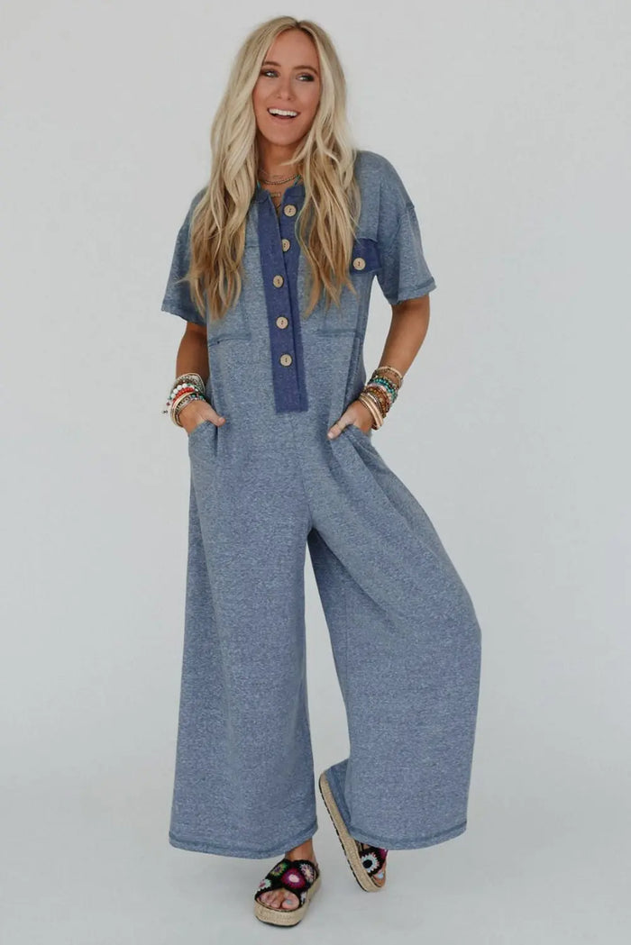Beau Blue Half Placket Chest Pockets Short Sleeve Wide Leg Jumpsuit - Bottoms/Jumpsuits & Rompers