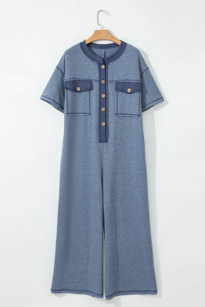 Beau Blue Half Placket Chest Pockets Short Sleeve Wide Leg Jumpsuit - Bottoms/Jumpsuits & Rompers