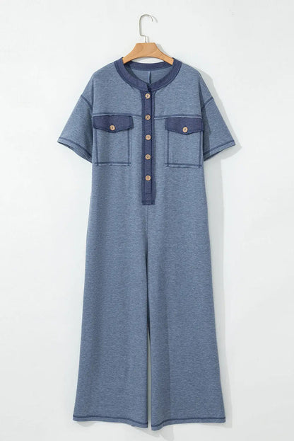 Beau Blue Half Placket Chest Pockets Short Sleeve Wide Leg Jumpsuit - Bottoms/Jumpsuits & Rompers