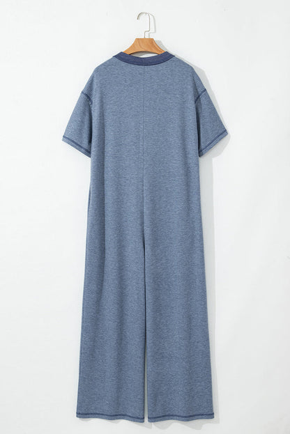 Beau Blue Half Placket Chest Pockets Short Sleeve Wide Leg Jumpsuit - Bottoms/Jumpsuits & Rompers