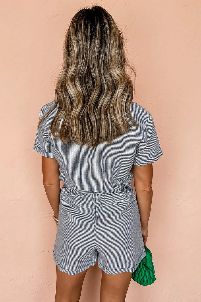 Blue Stripe Chest Pockets Buttoned Belted High Waist Romper - Bottoms/Jumpsuits & Rompers