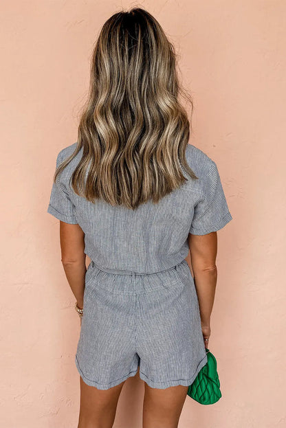 Blue Stripe Chest Pockets Buttoned Belted High Waist Romper - Bottoms/Jumpsuits & Rompers