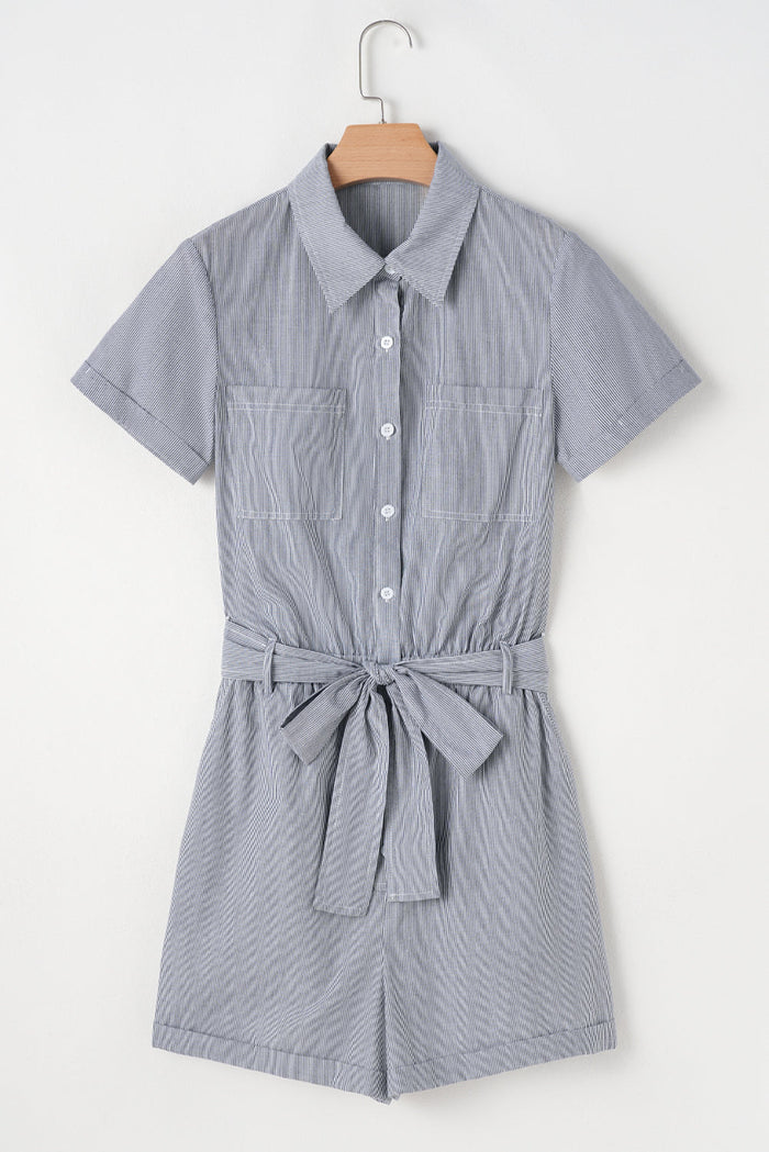 Blue Stripe Chest Pockets Buttoned Belted High Waist Romper - Bottoms/Jumpsuits & Rompers