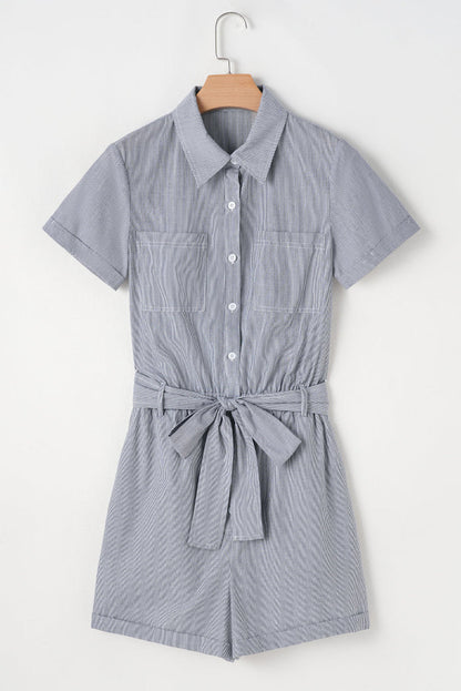 Blue Stripe Chest Pockets Buttoned Belted High Waist Romper - Bottoms/Jumpsuits & Rompers