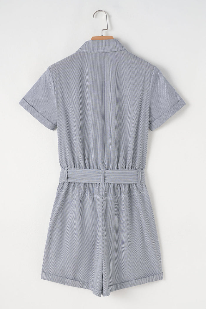 Blue Stripe Chest Pockets Buttoned Belted High Waist Romper - Bottoms/Jumpsuits & Rompers