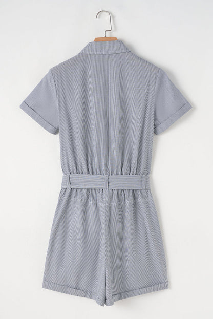 Blue Stripe Chest Pockets Buttoned Belted High Waist Romper - Bottoms/Jumpsuits & Rompers