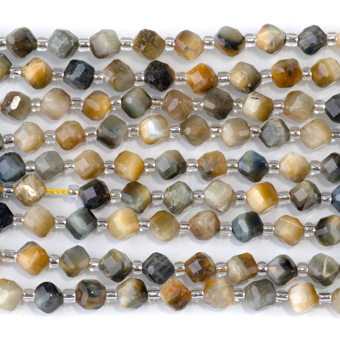 This is a Dakota Stones 4x6mm Blue Tiger Eye Corner Gemstone strand with table-cut cube beads in 15-16 inch strand.