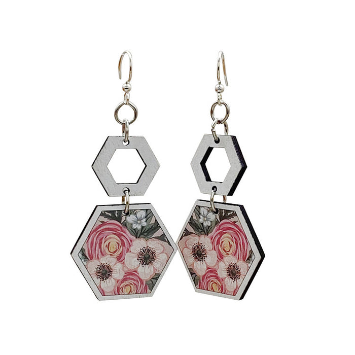 Botanical hexagon earrings with leaf inside hex frame, eco-friendly jewelry made in USA