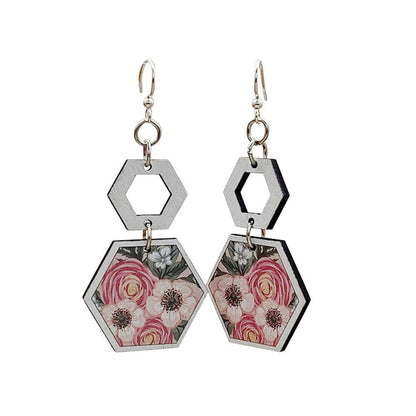 Botanical hexagon earrings with leaf inside hex frame, eco-friendly jewelry made in USA
