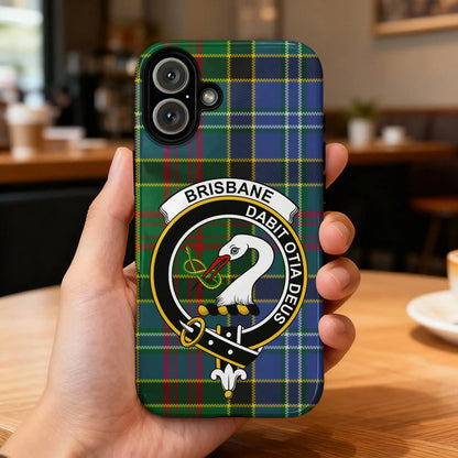 Brisbane phone case with family-name crest on a tartan-background design
