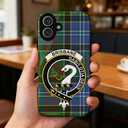 Brisbane family-name crest detail on the phone case