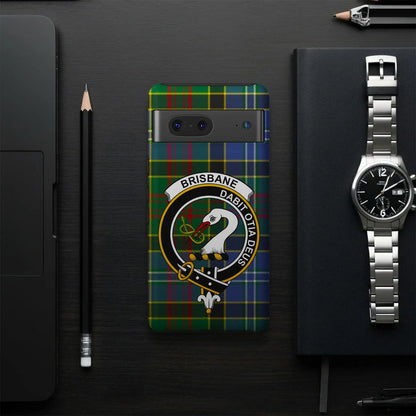 Brisbane tartan-background phone case product presentation