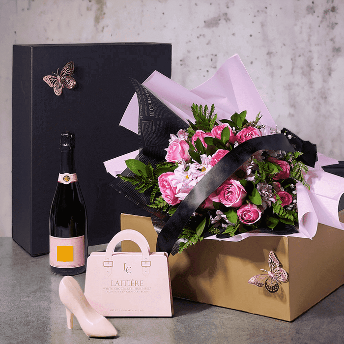 An exquisite gift! Bubbly, Chocolates, & Flowers Gift Set for any occasion.
