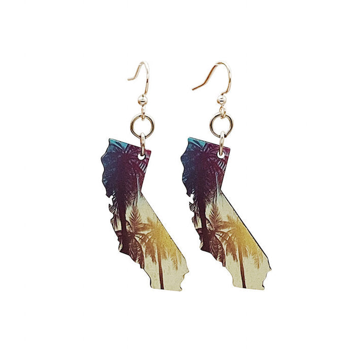 California state shape earrings with palm tree cut out, made in USA