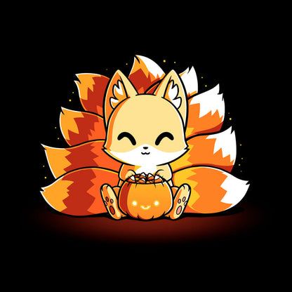 Classic Cotton T-shirt_TeeTurtle Candy Corn Kitsune black t-shirt featuring a happy kitsune holding a Halloween jack-o-lantern full of candy corn.