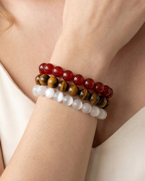 Cardinal Red Gold & White, Team Spirit Bracelet Stack, Gemstone Bracelet Set - 6mm