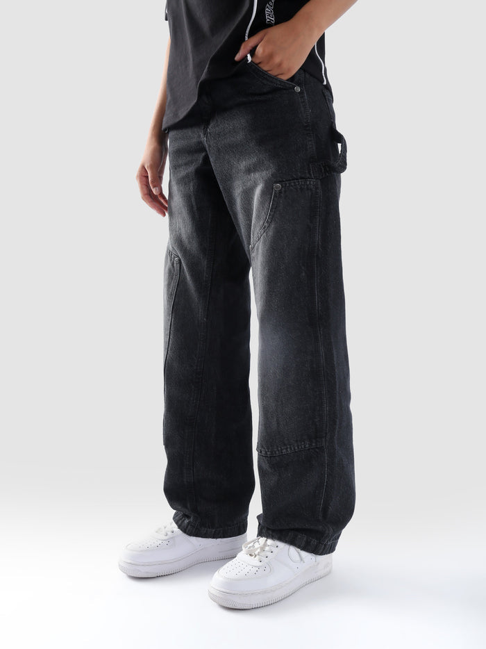 Carpenter washed black denim detail closeup utility loop hardware custom detail Pakistan – GROOVY