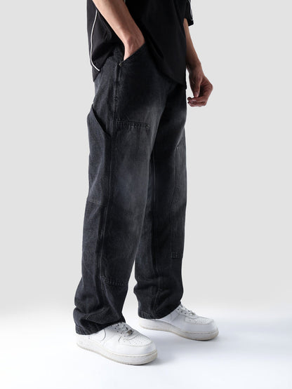 Carpenter washed black denim baggy jeans male model full body front view Pakistan – GROOVY