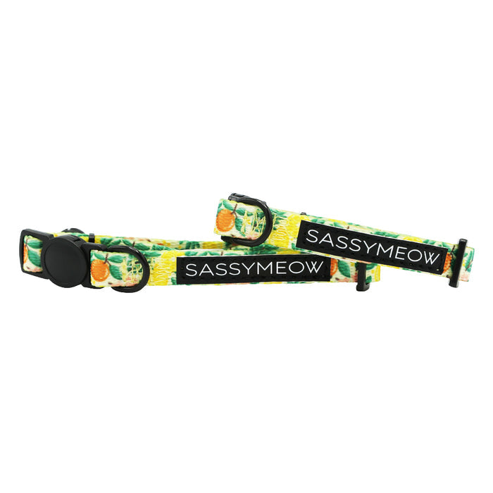 Two adjustable Zest Friends cat collars by Sassy Woof with green, yellow, and orange fruit patterns, black buckle closures, and a black "SASSYMEOW" label—perfect for playful pets who love fruity style.