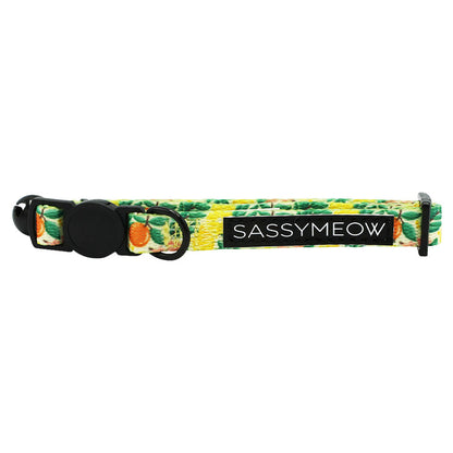 A vibrant fruit-patterned cat collar with a black buckle, D-ring, and a black SASSY WOOF label. The adjustable Cat Collar - Zest Friends offers both style and comfort for your feline friend.