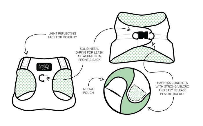 Diagram of the Cat Step-In Harness - Purrs & Petals by Sassy Woof in blue floral, featuring light-reflecting tabs, metal D-ring, AirTag pocket, strong velcro, easy-release buckle, custom neoprene design, and Sassy Woof branding.