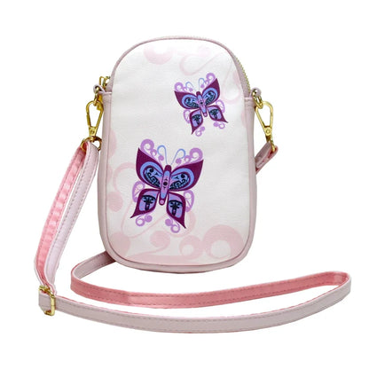 Celebration of Life Phone Bag featuring butterfly designs on a crossbody phone bag