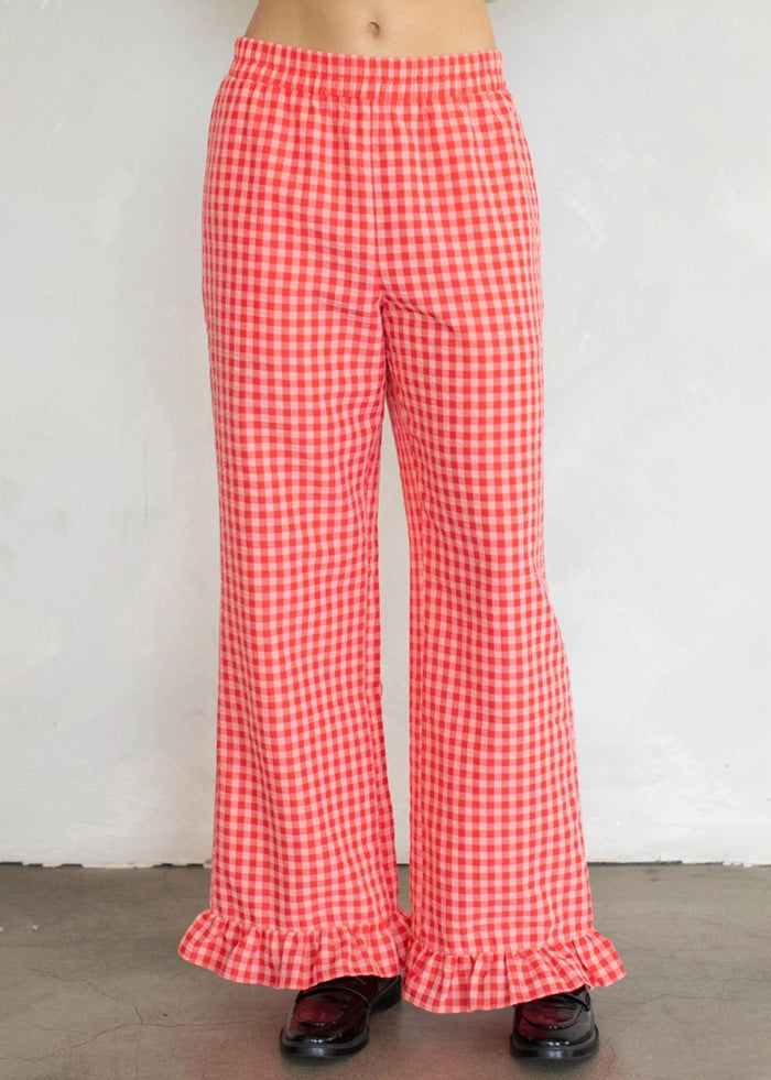 Checkered Ruffle Hem Pant - Coral