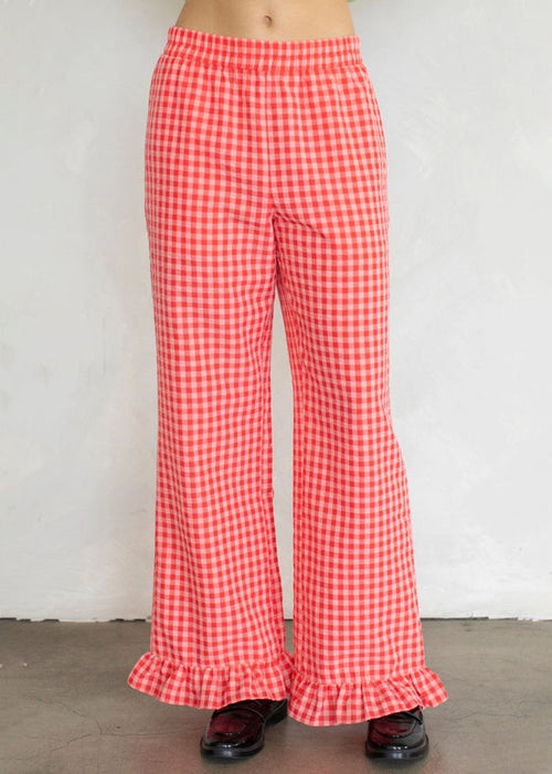 Checkered Ruffle Hem Pant - Coral