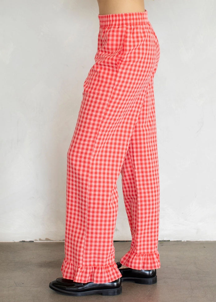 Checkered Ruffle Hem Pant - Coral