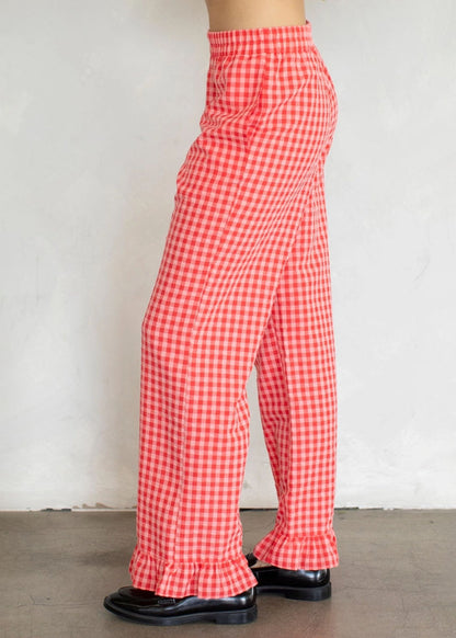 Checkered Ruffle Hem Pant - Coral