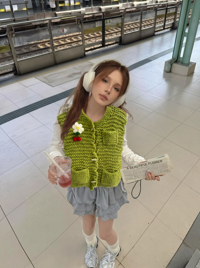 Chevron Rainbow Handknit Cardigan — Oatmeal