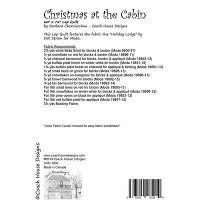 Textual information about the lap quilt sewing pattern titled 'Christmas at the Cabin' by Coach House Designs. The text includes the specifications for the fabric used to make the quilt from the fabric line titled 'Holiday Lodge' by Deb Strain for Moda.