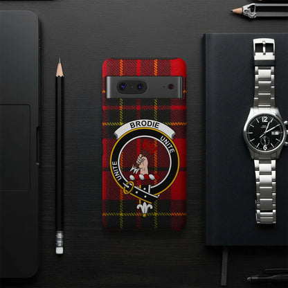 Brodie Scottish crest phone case — full wrap tartan print, back view
