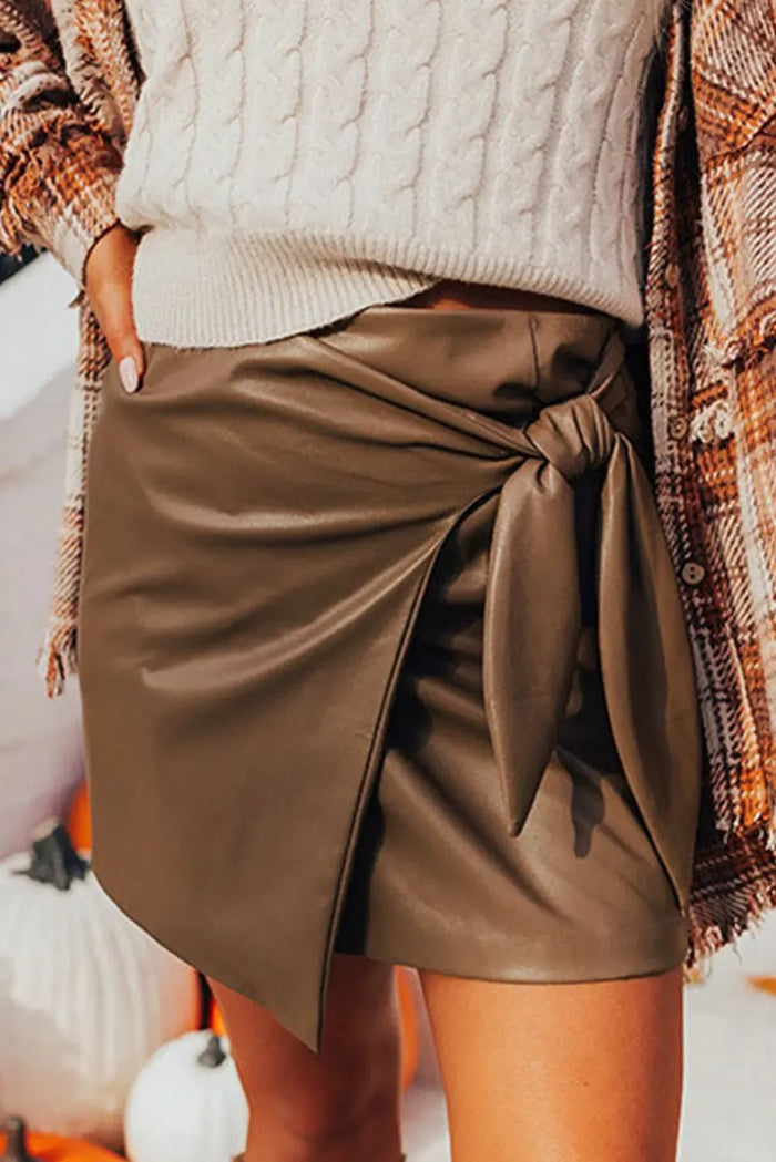 Coffee Bowknot Faux Leather Mini Skirt - COFFEE / S / 100% PU - Skirts/Mini