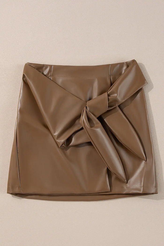 Coffee Bowknot Faux Leather Mini Skirt - Skirts/Mini