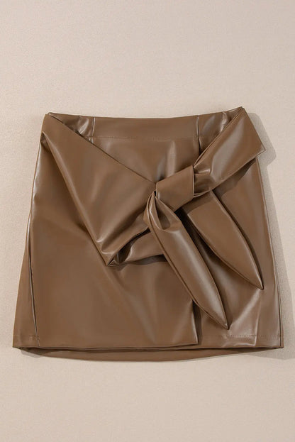 Coffee Bowknot Faux Leather Mini Skirt - Skirts/Mini