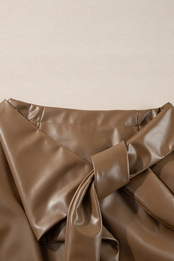 Coffee Bowknot Faux Leather Mini Skirt - Skirts/Mini
