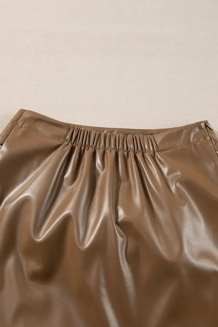 Coffee Bowknot Faux Leather Mini Skirt - Skirts/Mini