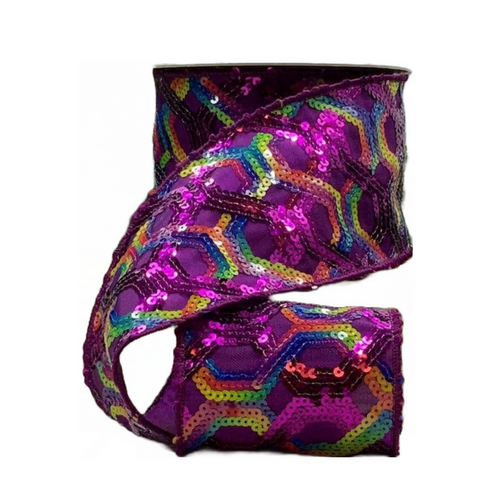 Colorful Sequins on Purple Sheer Ribbon, 4“ X 10YD