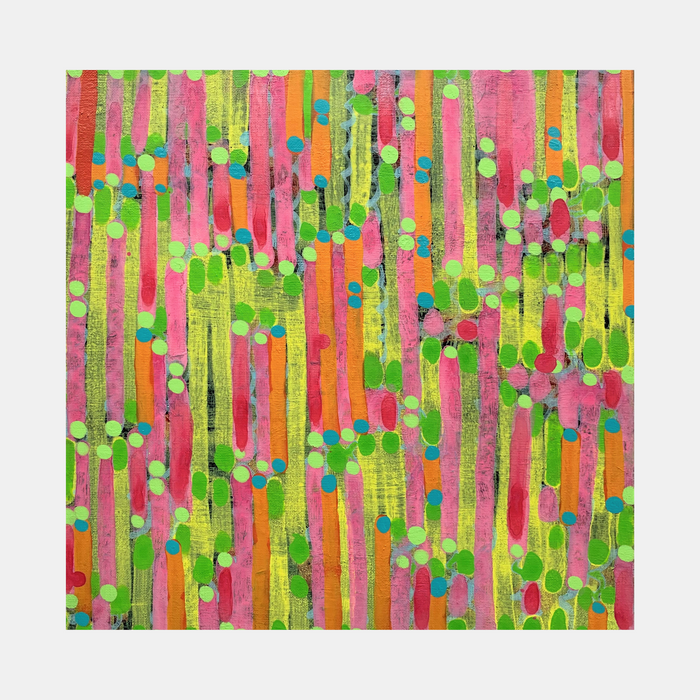 The artwork 'Composition No. 226' features vibrant vertical stripes in neon pink, lime green, and orange, interspersed with playful circular dots in turquoise and mint. The acrylic on linen painting creates a dynamic pattern of dripping lines and floating spheres, suggesting movement and rhythm across the 12x12 inch canvas. By Raul Ortiz.