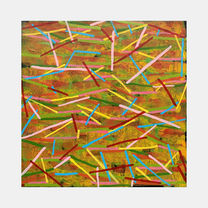 The artwork 'Composition No. 229' by Raul Ortiz features dynamic intersecting lines in vibrant yellow, blue, pink, and white scattered across a textured background of earthy greens and warm oranges. The abstract composition on linen creates a sense of movement through overlapping geometric elements painted in acrylic, measuring 12 x 12 inches.