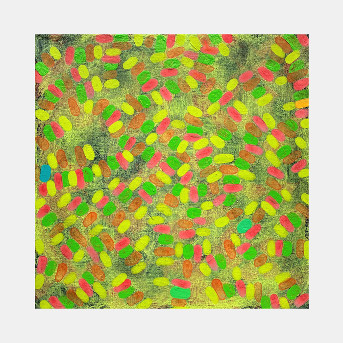 The artwork 'Composition No. 230' by Raul Ortiz features a vibrant abstract pattern of oval brush strokes in neon yellow, coral pink, and bright green against a textured olive background. The 12x12 inch acrylic on linen painting creates a dynamic mosaic-like effect with overlapping forms that appear to float and dance across the canvas.