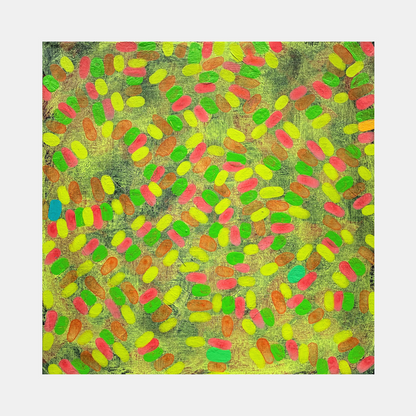 The artwork 'Composition No. 230' by Raul Ortiz features a vibrant abstract pattern of oval brush strokes in neon yellow, coral pink, and bright green against a textured olive background. The 12x12 inch acrylic on linen painting creates a dynamic mosaic-like effect with overlapping forms that appear to float and dance across the canvas.